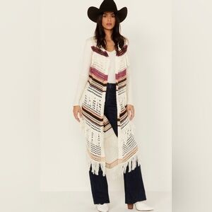 SHYANNE Women’s Long Striped Crochet Fringe Sweater Vest Duster Rodeo Boho S/M
